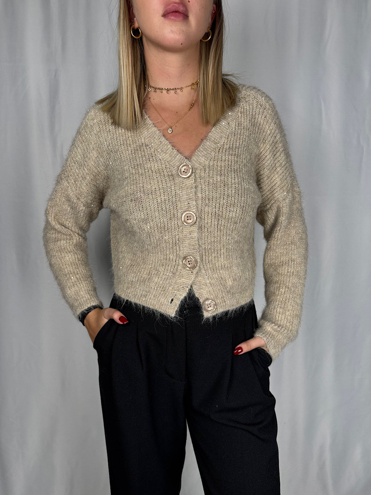 Cardigan Crop con Bottoni Beige Armonia