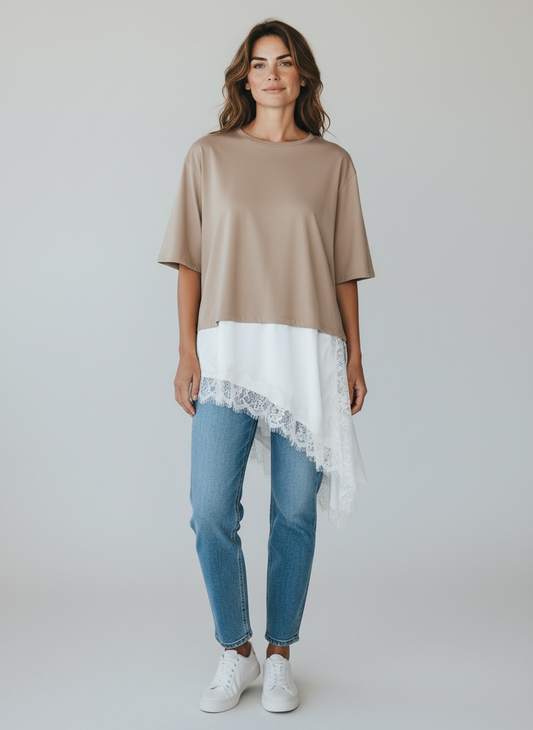 T-Shirt Sabbia con Pizzo Bianco Susy Mix