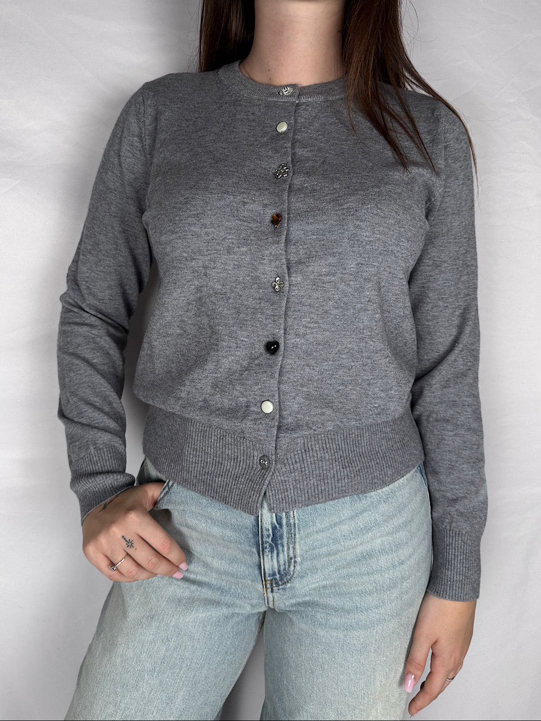 Cardigan Coreana Bottoni Gioiello Susy Mix Grigio