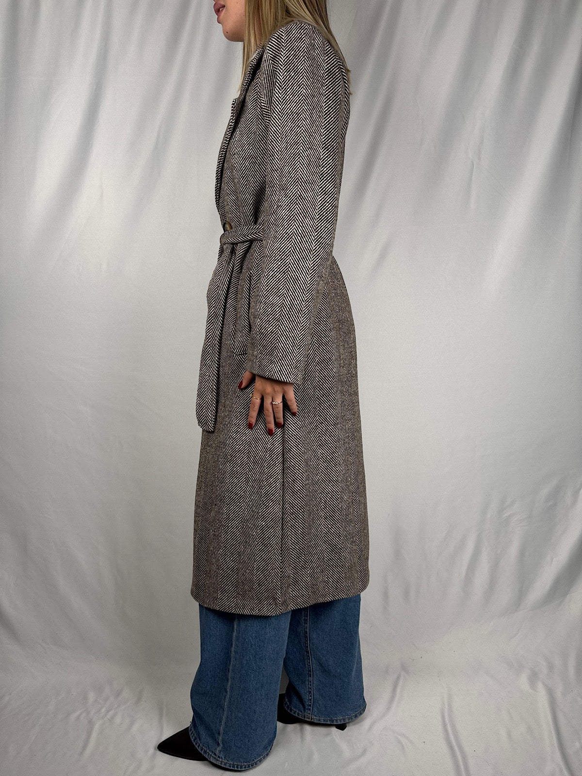 Capotto Lungo con Cintura Spigato Marrone Armonia