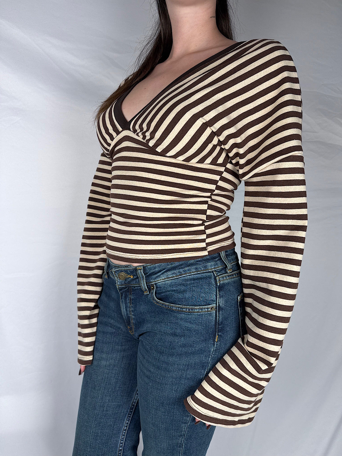 T-shirt Long Sleeve Scollo V Righe Armonia Beige