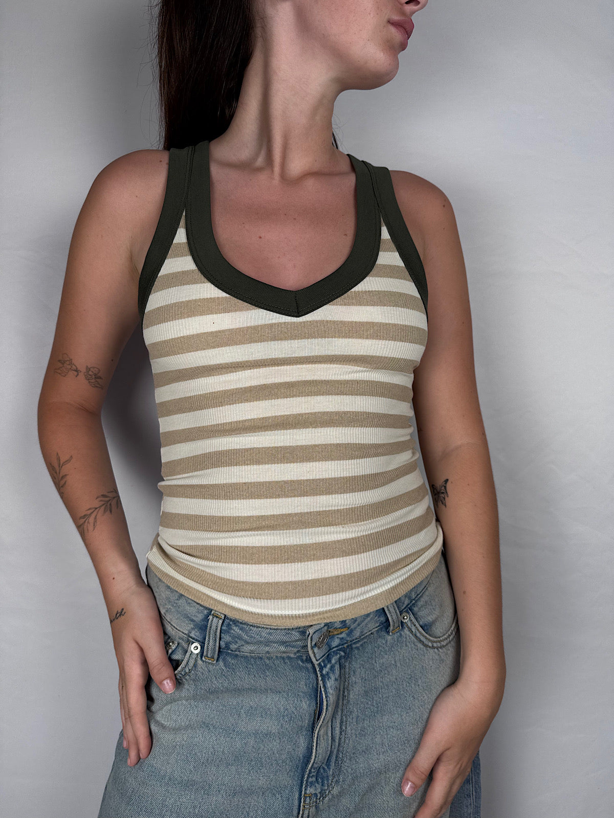 Canotta a Righe Scollo V Vicolo Beige/Militare