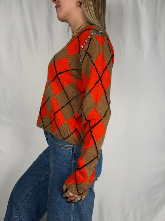 Maglia Girocollo a Rombi con Cabochon  Arancio/Cammello Vicolo
