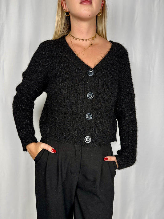 Cardigan Crop con Bottoni Nero Armonia
