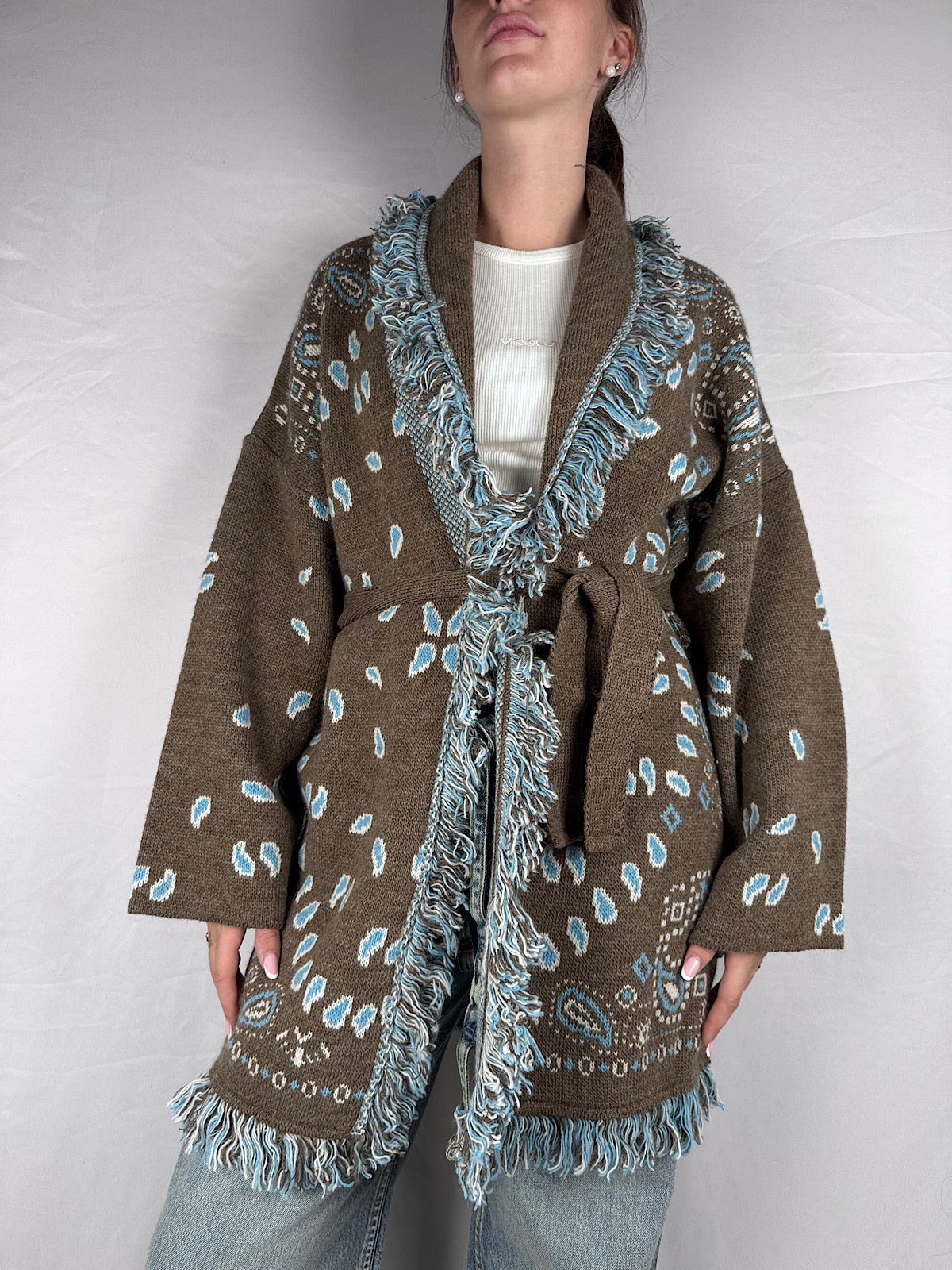 Cardigan Bandana Con Frange Tensione In Fango/Panna/Azzurro