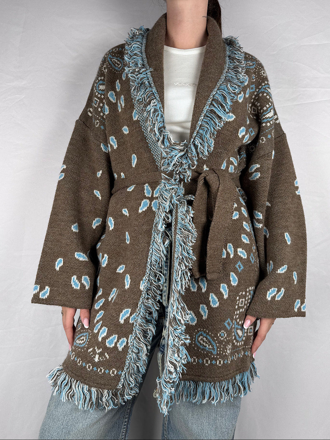 Cardigan Bandana Con Frange Tensione In Fango/Panna/Azzurro