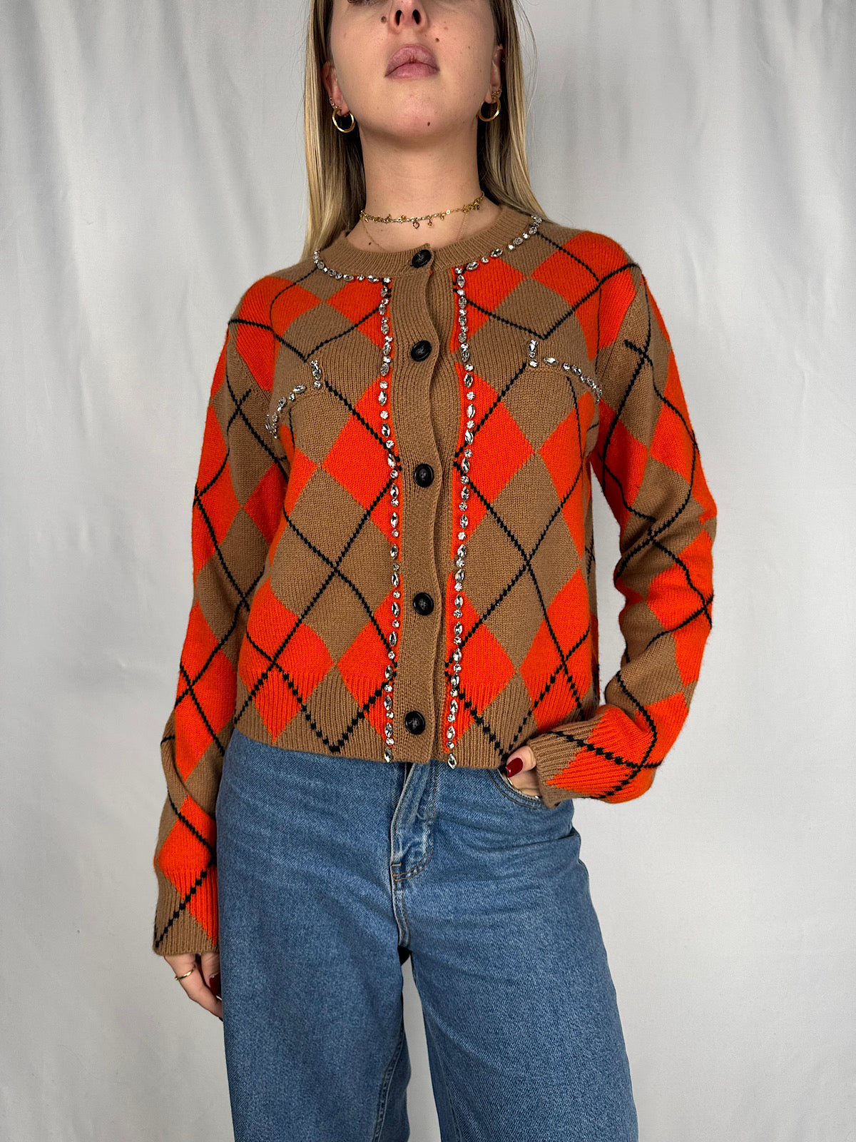 Cardigan a Rombi con Cabochon Arancio Vicolo