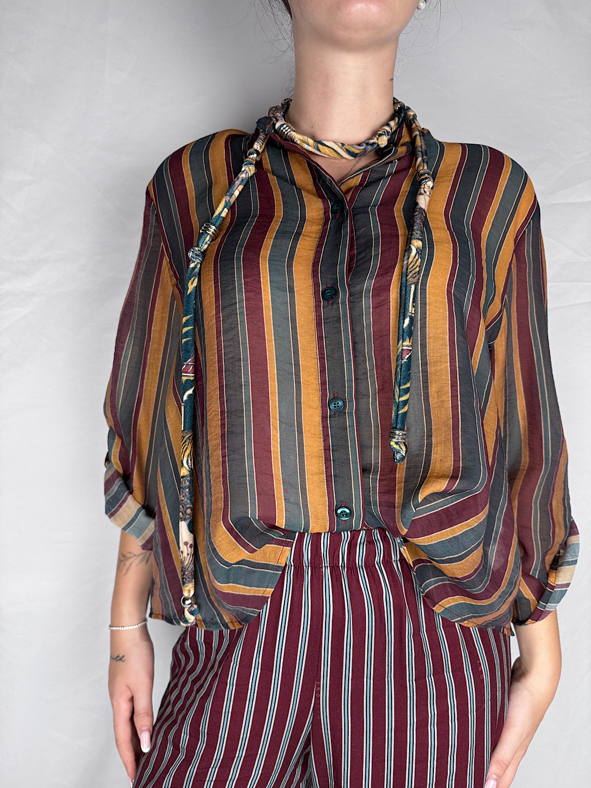 Camicia con Collana Righe "Nomad" HaveOne Bordeaux/Bottiglia/Ocra