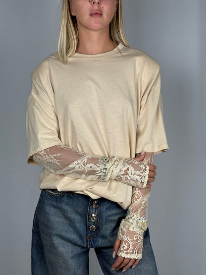T-Shirt con Maniche in Pizzo Panna Vicolo