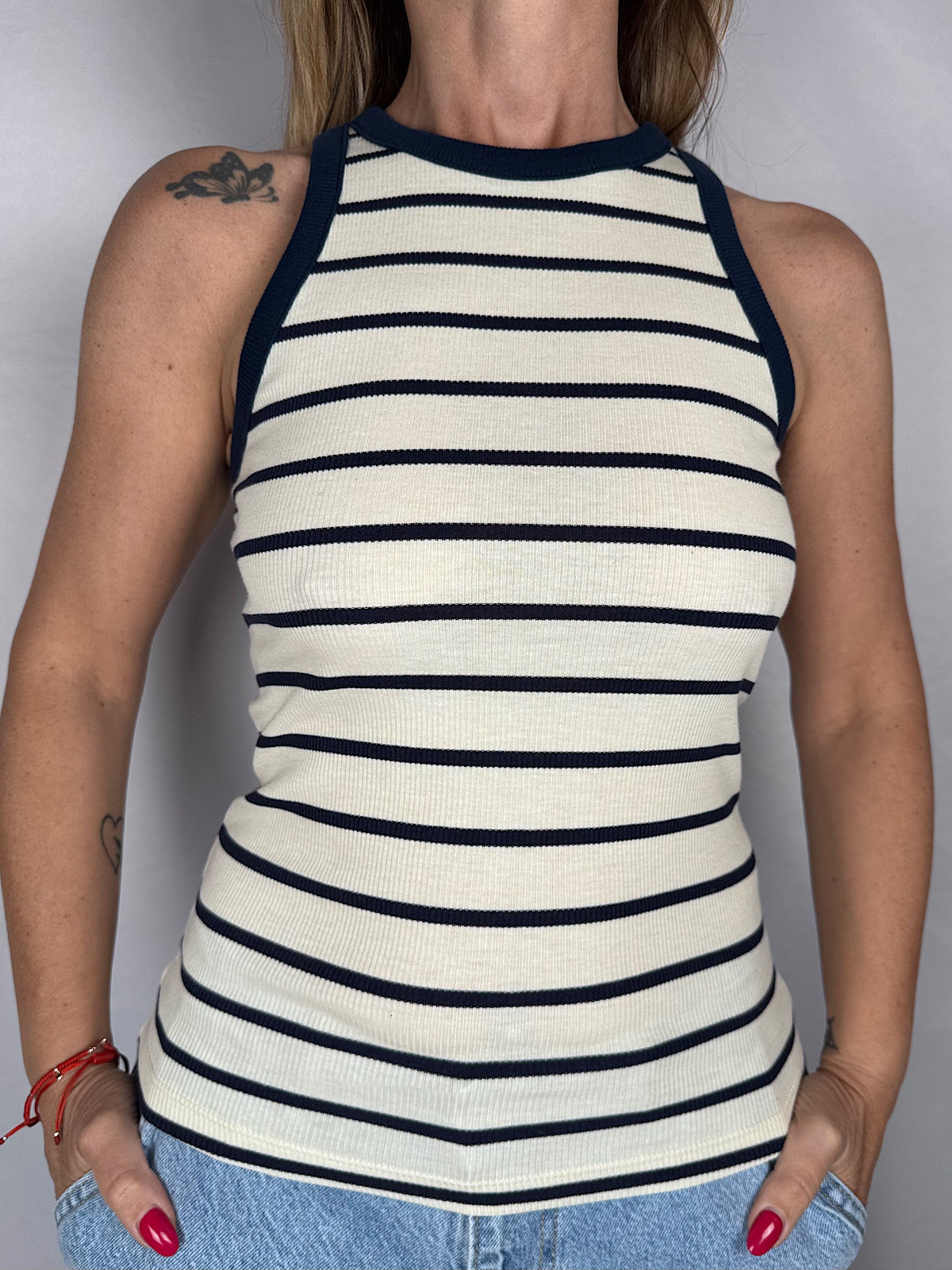 Canotta Vogatore Riga Vicolo Beige/Blu Bordi Blu