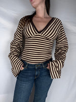 T-shirt Long Sleeve Scollo V Righe Armonia Beige