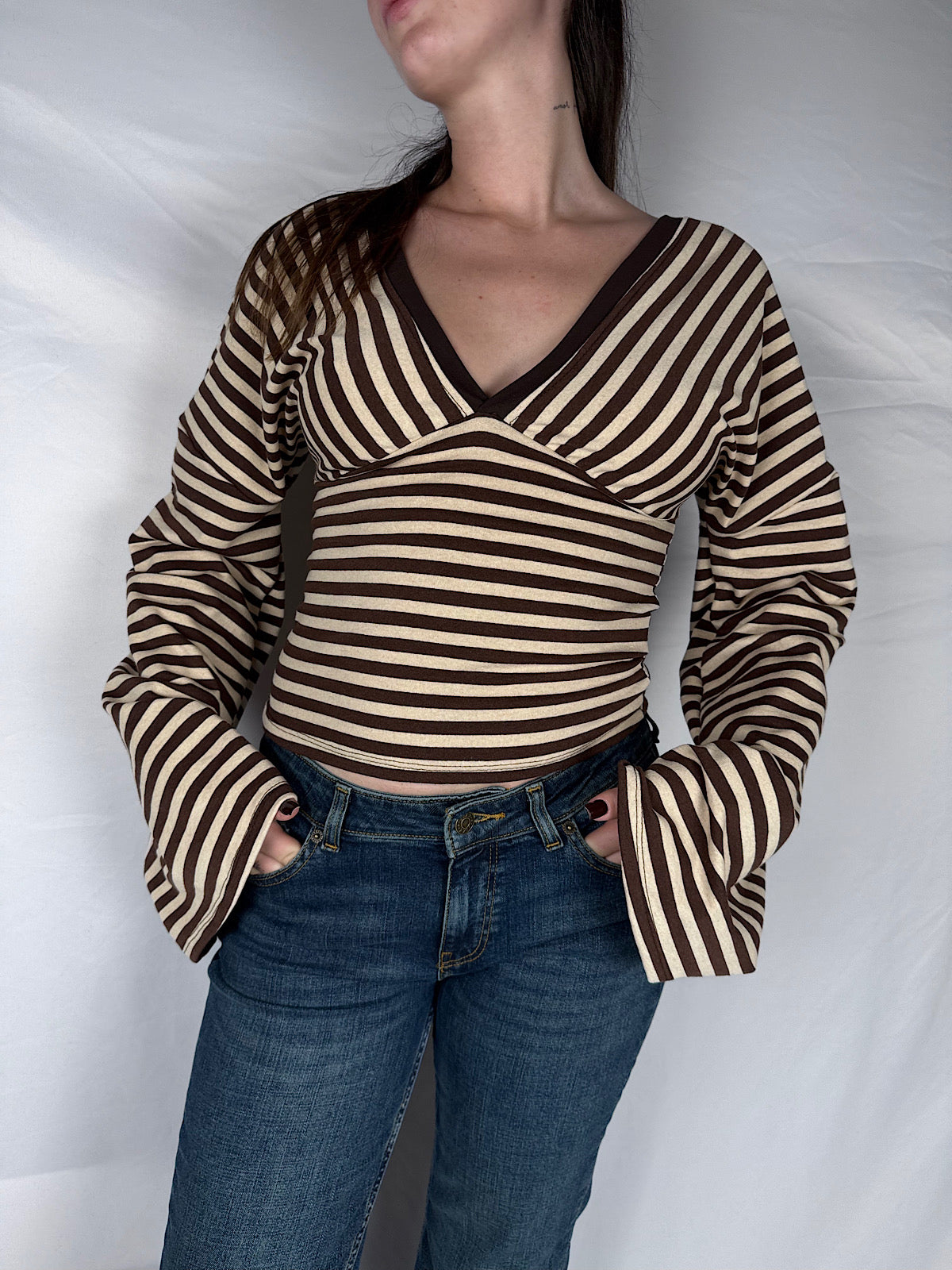 T-shirt Long Sleeve Scollo V Righe Armonia Beige