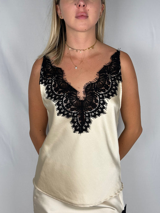 Canotta Sottoveste con Pizzo Nero Tensione-In Panna
