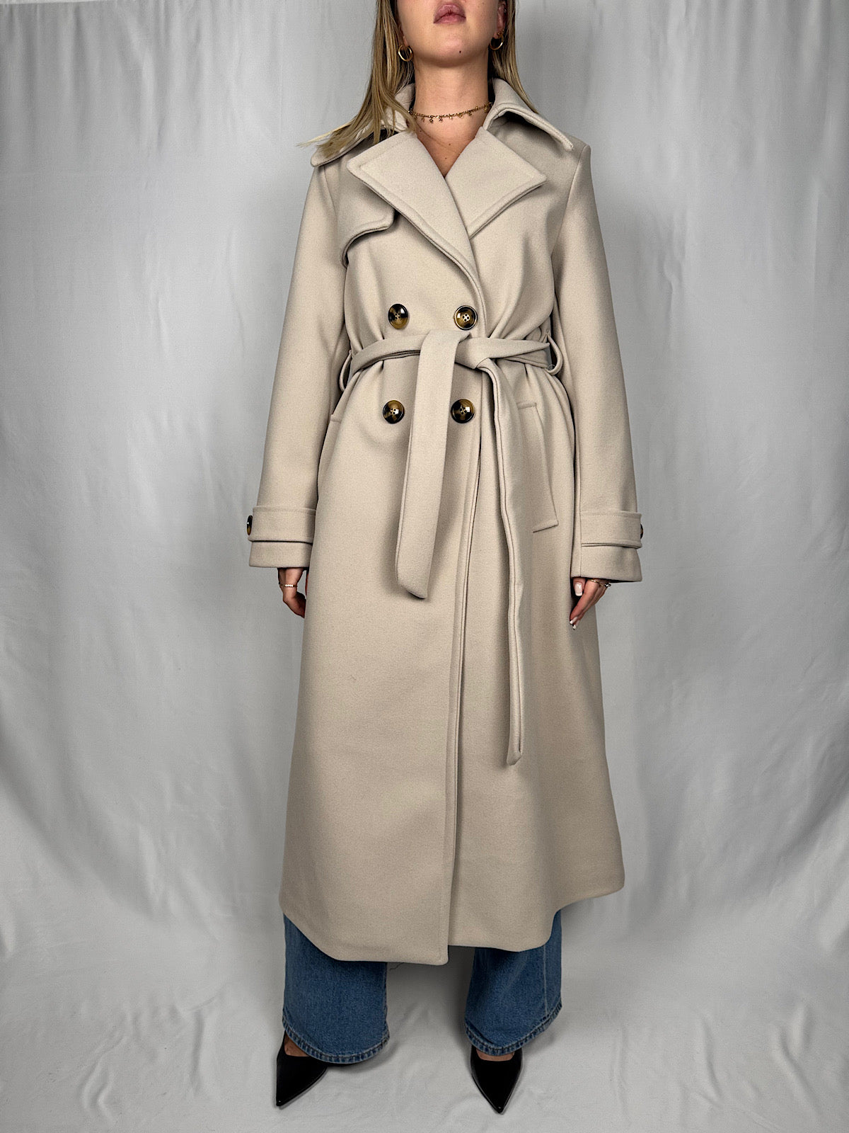 Capotto Doppio Petto con Cintura Beige Armonia