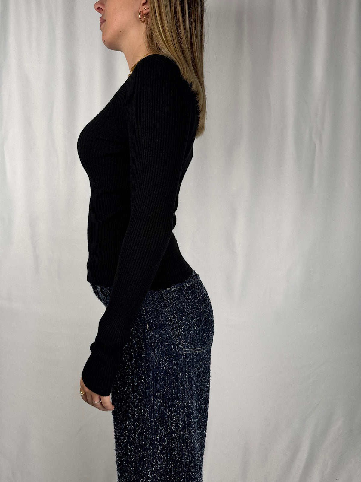Maglia Basic Manica Lunga a Costine Nera Tensione-In