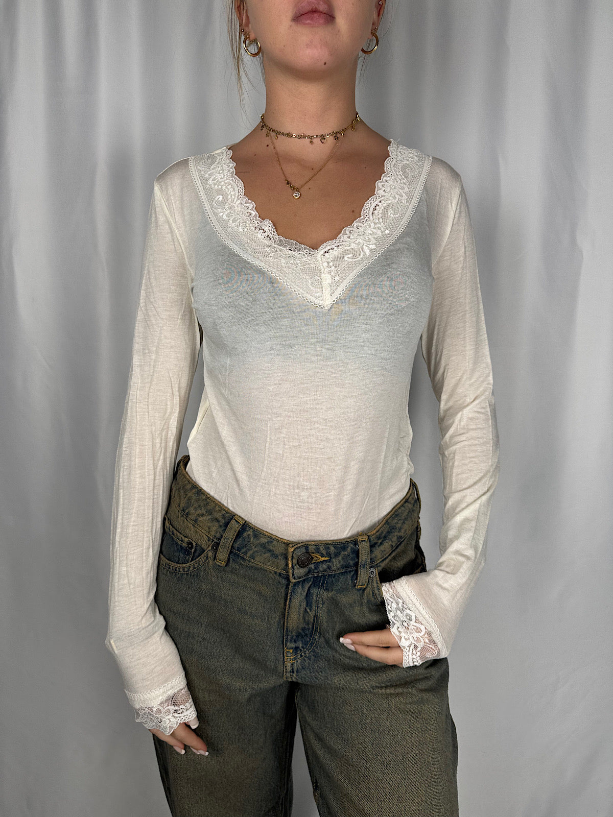 Maglia Misto Cachemere con Pizzo Bianco Armonia