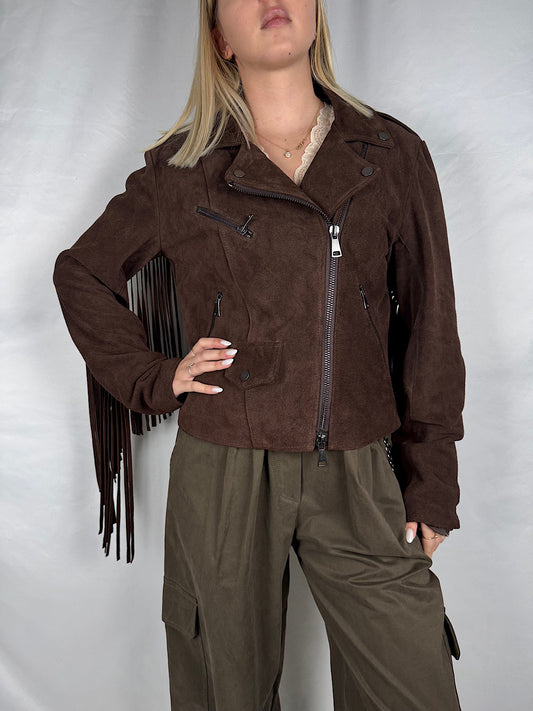 Chiodo in Vera Pelle Scamosciato con Frange Vicolo Moro