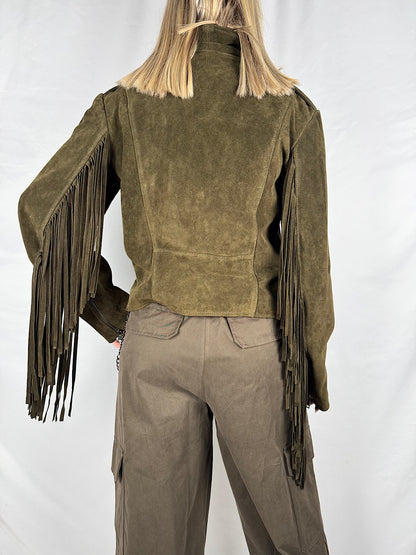 Chiodo in Vera Pelle Scamosciato con Frange Vicolo Militare