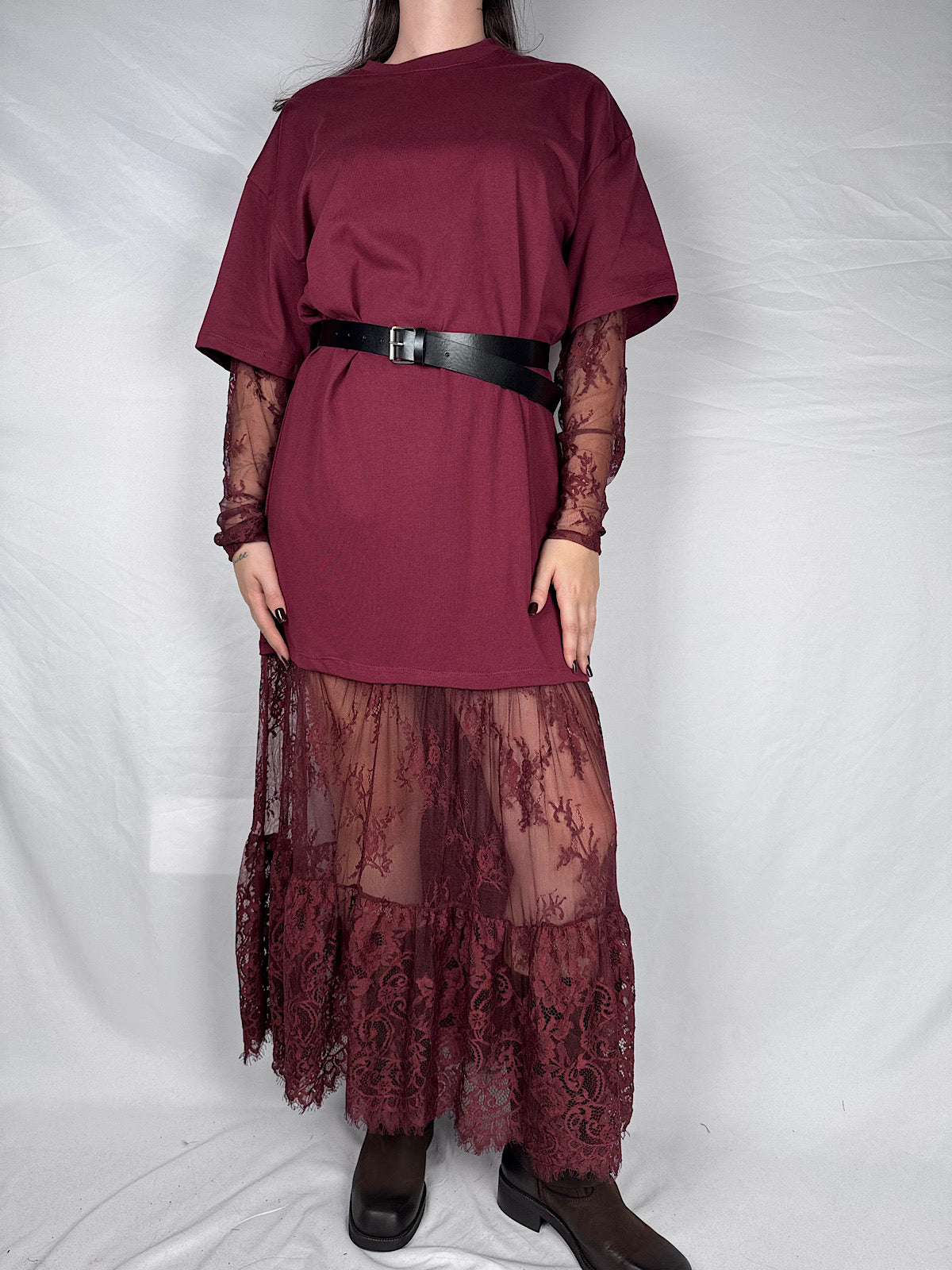 Abito T-shirt con Pizzo Vicolo Bordeaux