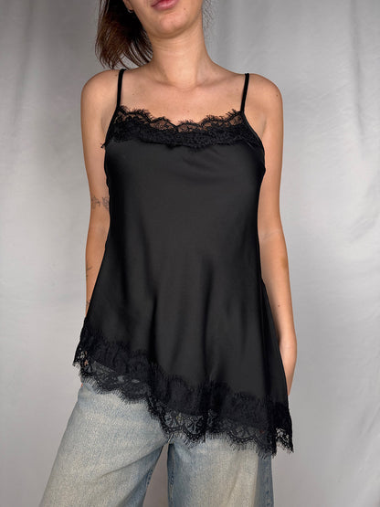 Canotta in Raso con Bordi in Pizzo Nero Vicolo