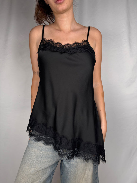 Canotta in Raso con Bordi in Pizzo Nero Vicolo