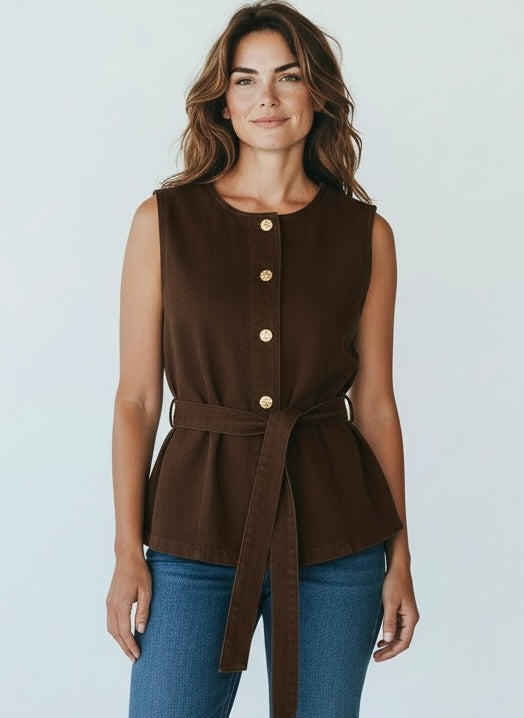 Gilet con Bottoni Gioiello Oro Denim Moro