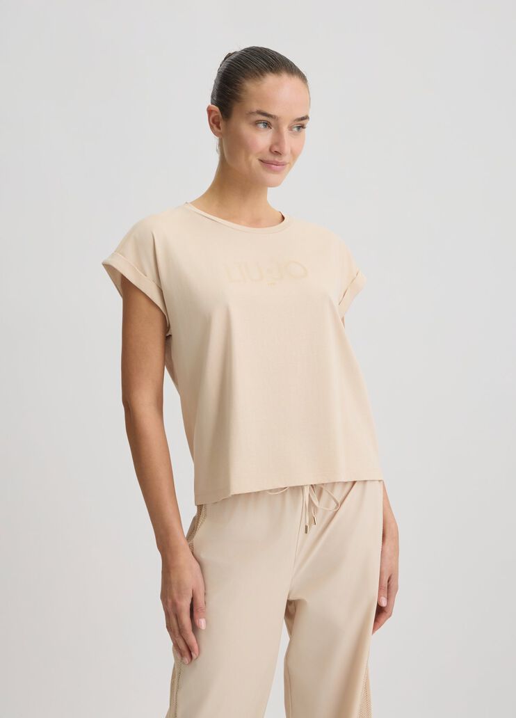 T-Shirt Beige In Cotone con Scritta
