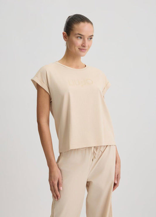 T-Shirt Beige In Cotone con Scritta