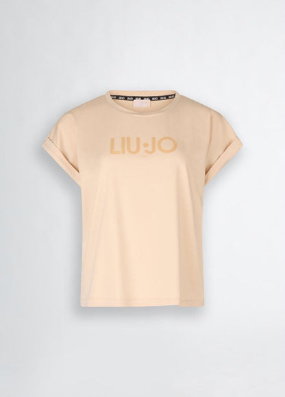 T-Shirt Beige In Cotone con Scritta