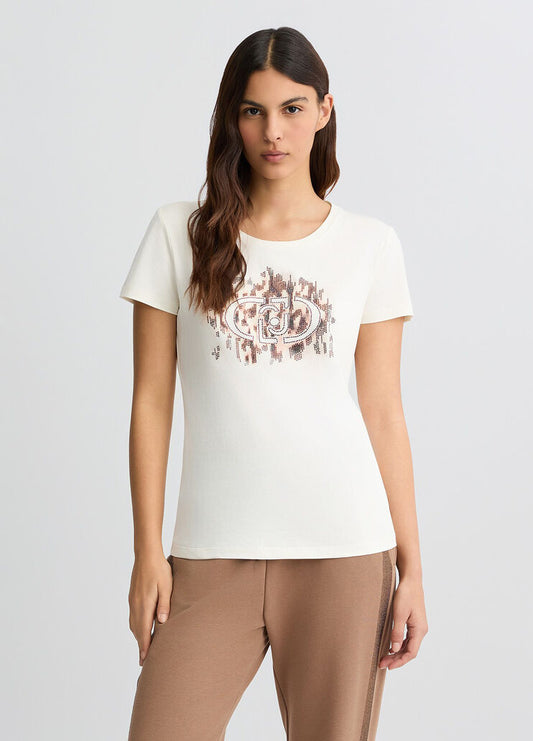 T-Shirt Con Logo Animalier e Strass