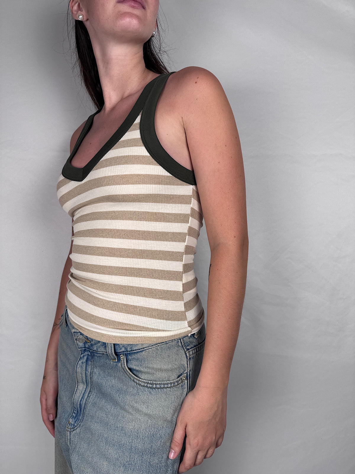 Canotta a Righe Scollo V Vicolo Beige/Militare