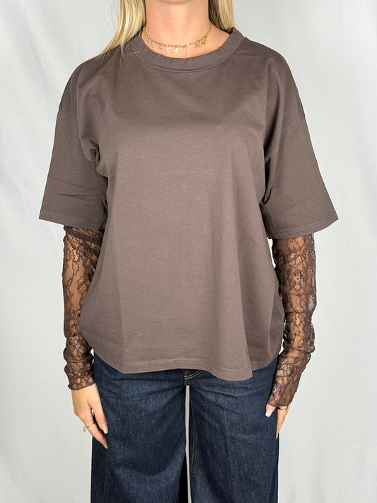 T-shirt con Maniche in Pizzo SusyMix Marrone