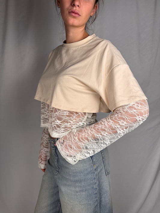 Completo T-shirt Crop + Maglia Pizzo Armonia Beige