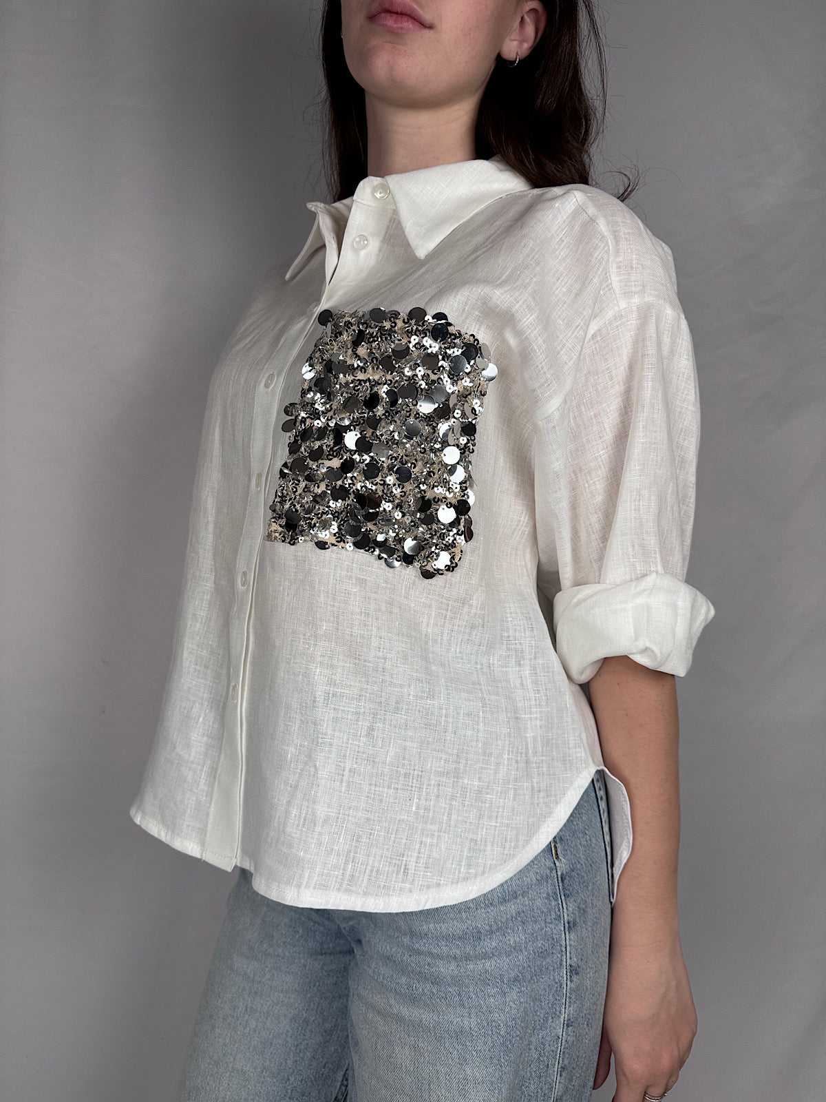 Camicia Dettaglio Pailletes Tensione in Bianca