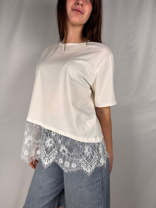 T-shirt con Pizzo sul Fondo Armonia Bianca
