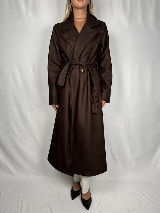 Cappotto Lungo con Cintura Marrone Armonia