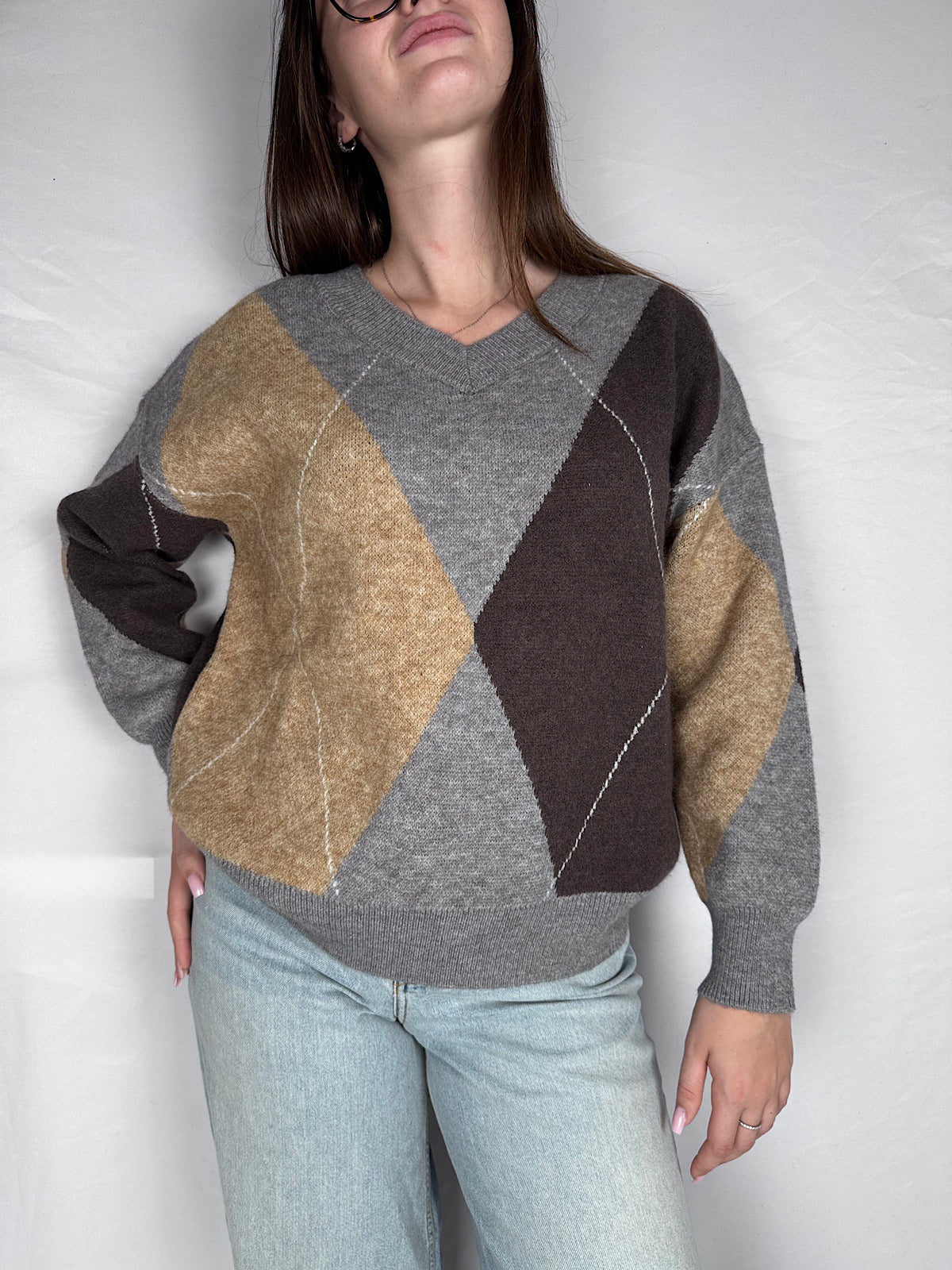 Maglia Scollo V Rombi Susy Mix Grigio