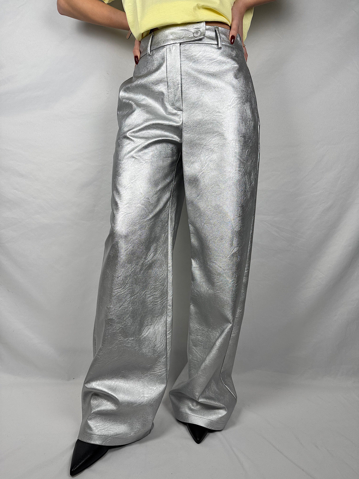 Pantaloni Eco-Pelle Argento Tensione-In