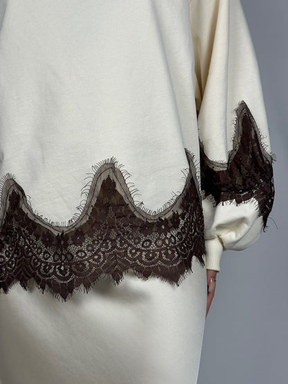 Felpa con Pizzo Marrone Tensione-In Panna