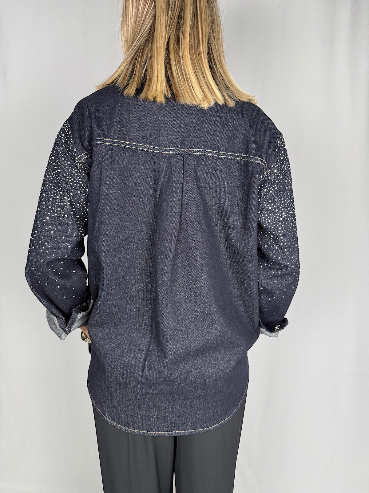 Camicia Denim Scuro con Strass Armonia