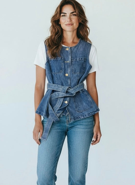 Gilet con Bottoni Gioiello Oro Denim Armonia