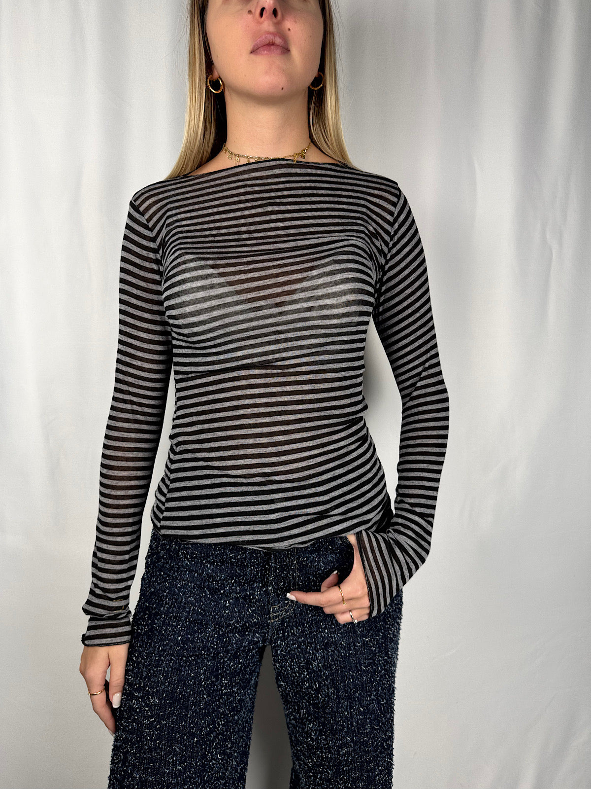 Maglia Cachemere a Righe Grigia Tensione-In