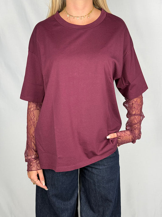 T-shirt con Maniche in Pizzo SusyMix Bordeaux