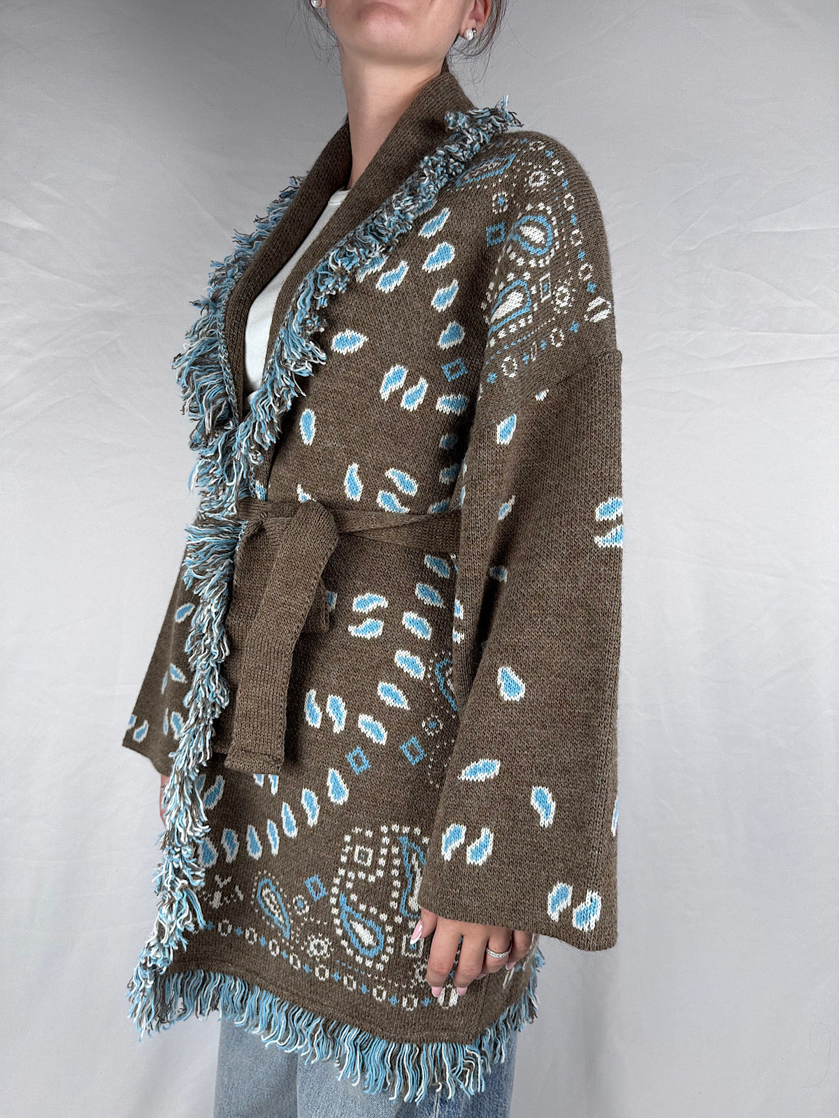 Cardigan Bandana Con Frange Tensione In Fango/Panna/Azzurro