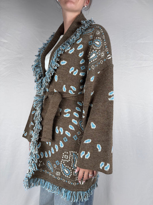 Cardigan Bandana Con Frange Tensione In Fango/Panna/Azzurro