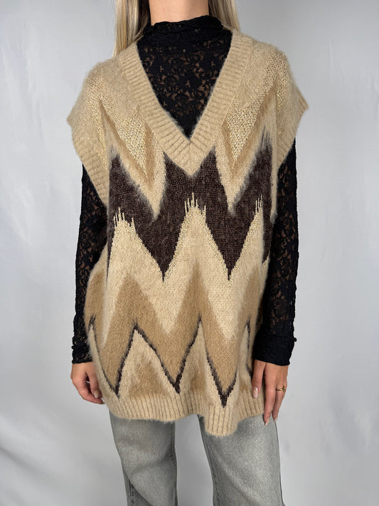 Gilet in Maglia Tensione-In Marrone e Beige