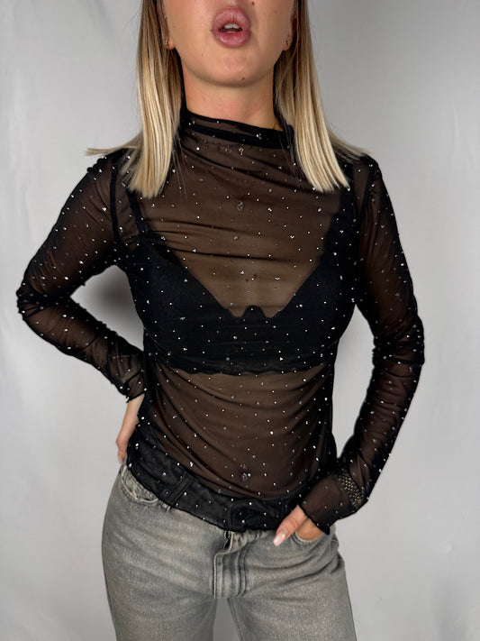 Maglia in Tulle con Micro Borchie Armonia Nera