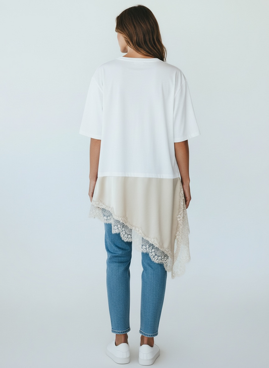 T-Shirt Bianca con Pizzo Beige Tensione-In