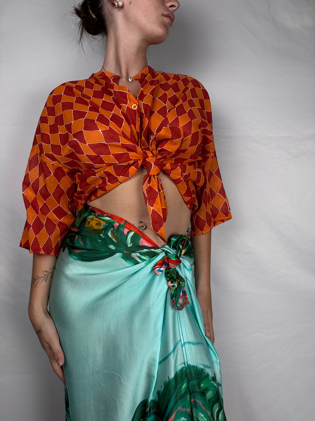 Camicia in Mussola Fantasia Geometrica Tensione-In Arancio