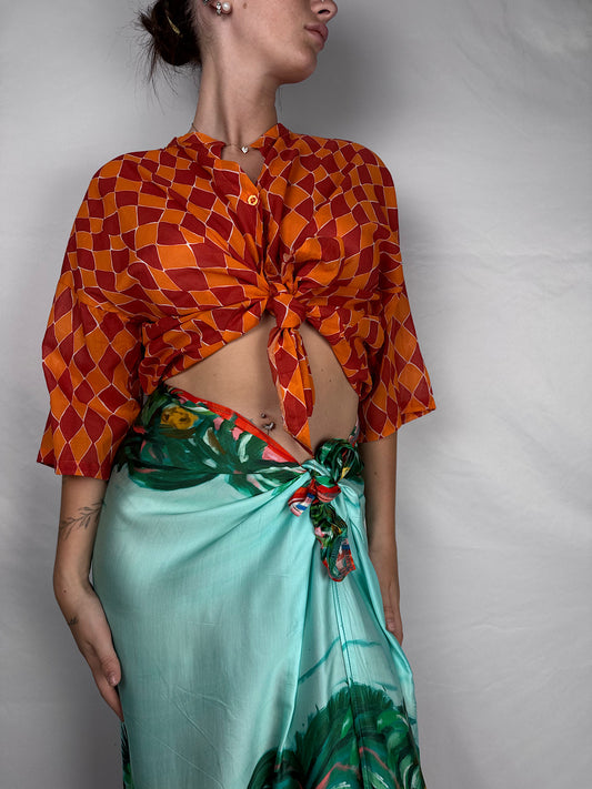 Camicia in Mussola Fantasia Geometrica Tensione-In Arancio